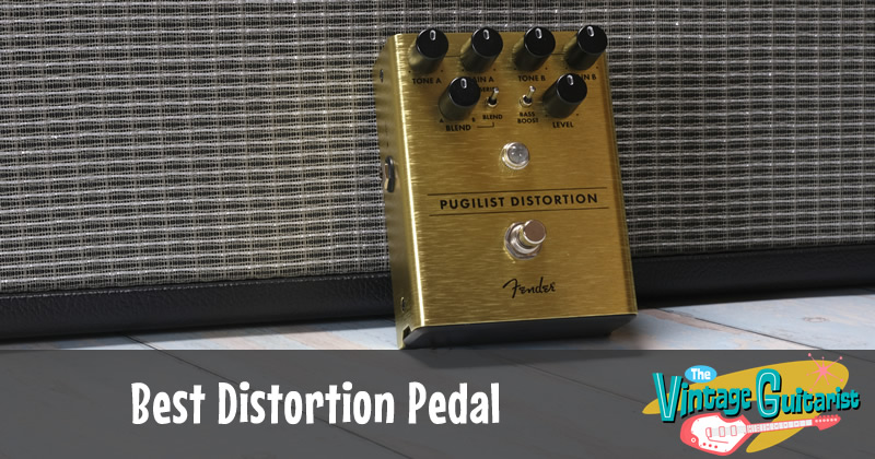 Fender distortion pedal leaning against an amplifier
