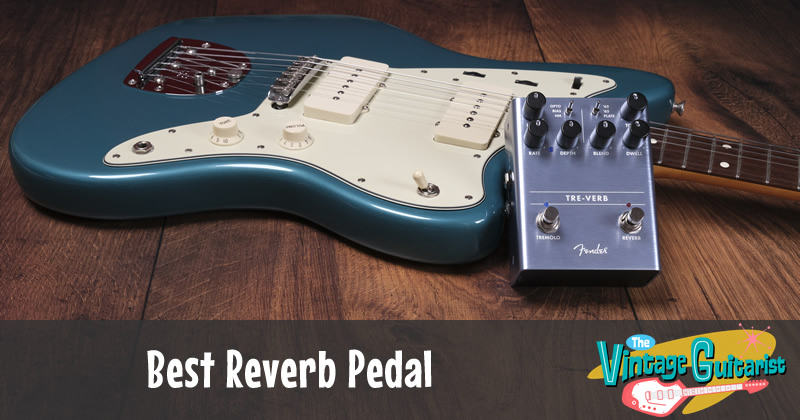 Fender tre-verb reverb pedal shown with a Jazzmaster guitar